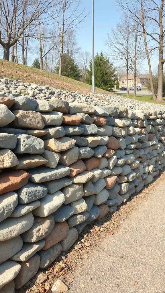 23 Stunning Gabion Retaining Wall Ideas for Your Landscape 16 Gabion wall made of various stones in earthy tones, surrounded by trees and grass.