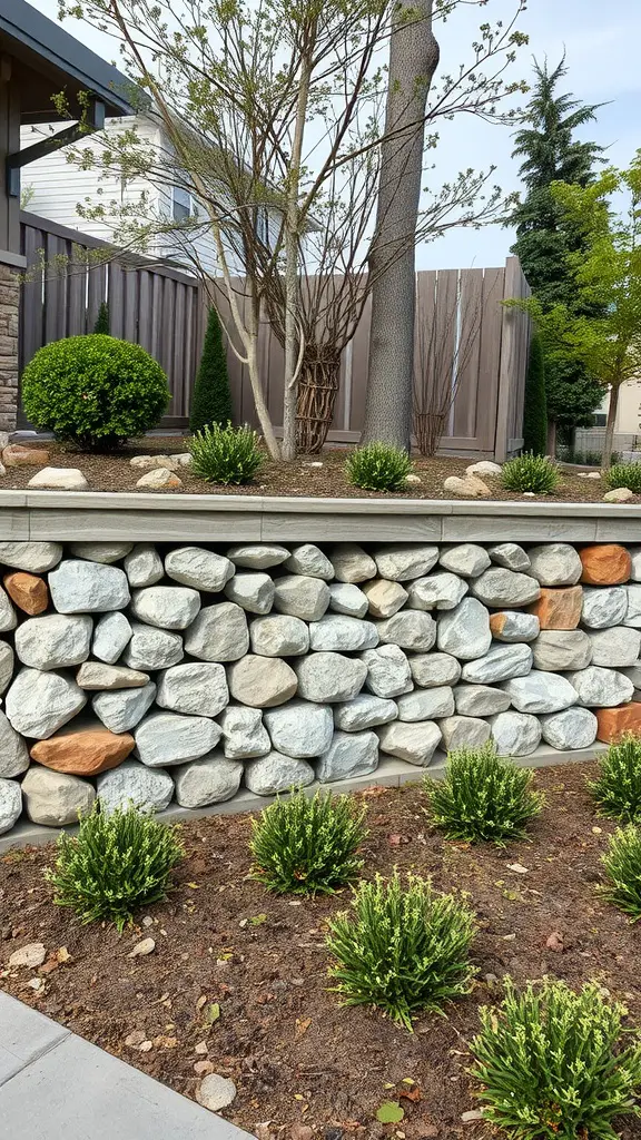 25 Stunning Landscape Retaining Wall Ideas for Your Outdoor Space 12 A contemporary garden featuring a gabion wall made of stones, with neatly trimmed shrubs in the foreground.