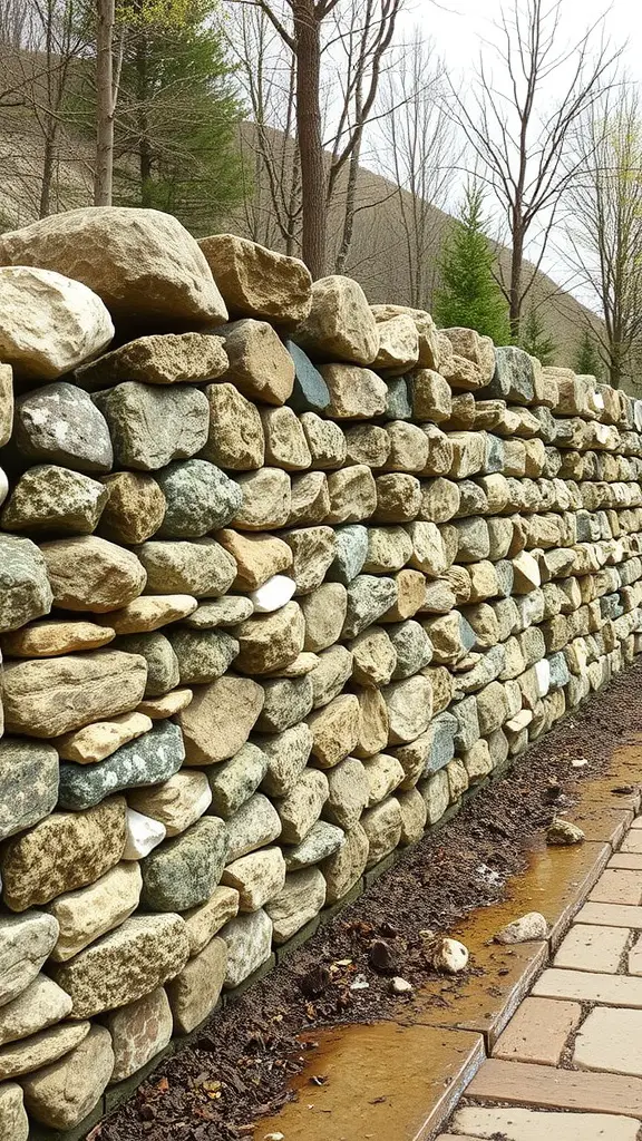 27 Creative Small Retaining Wall Ideas for Your Garden 8 A sturdy gabion wall made of various sized stones, designed for drainage in a landscaped area.