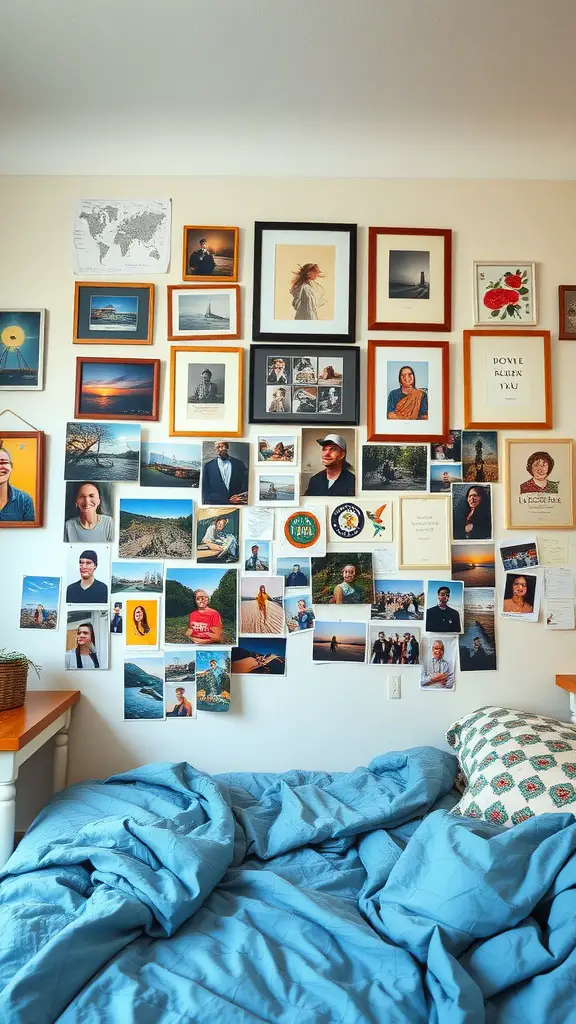 19 Creative Dorm Wall Decor Ideas to Personalize Your Space 9 A cozy bedroom wall decorated with a gallery of framed personal photos and artwork, featuring a bed with light blue bedding