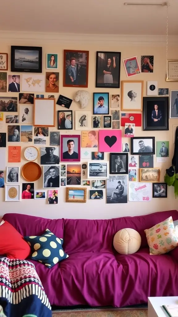 21 Creative Dorm Living Room Ideas to Maximize Space 7 A colorful gallery wall in a dorm living room featuring framed photos and art.