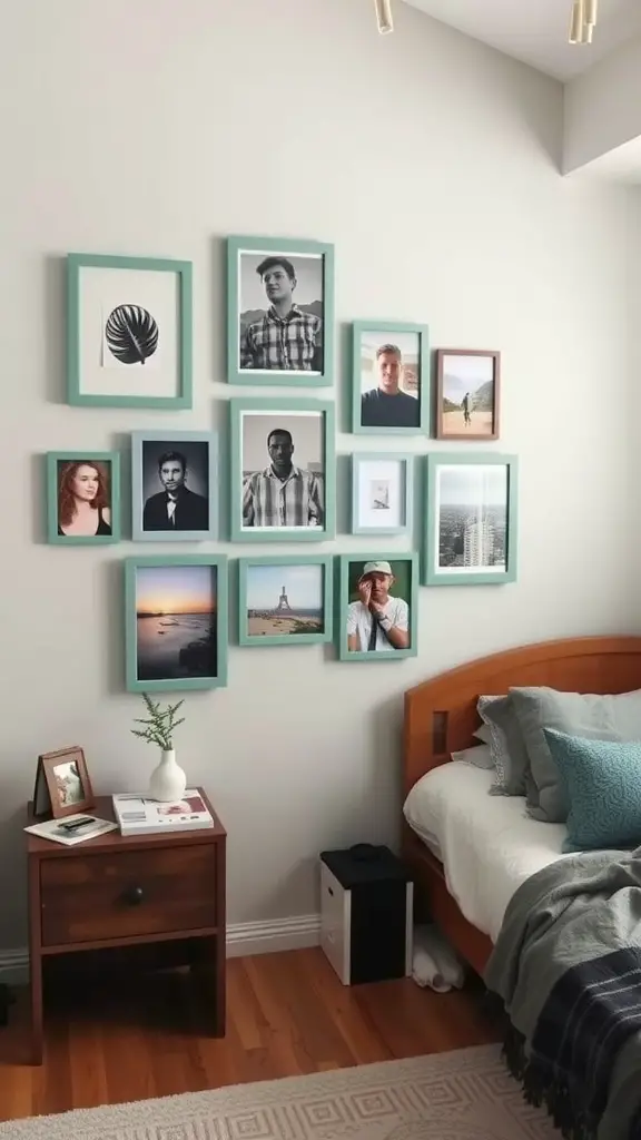 A gallery wall with sage green frames displaying a mix of personal photos and art prints in a cozy dorm room setting.
