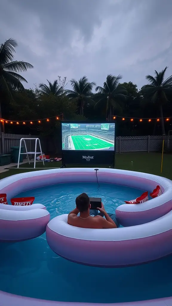 21 Inspiring Inflatable Pool Ideas for Your Backyard Oasis 16 Inflatable pool with a game day viewing setup featuring a large screen and palm trees in the background.