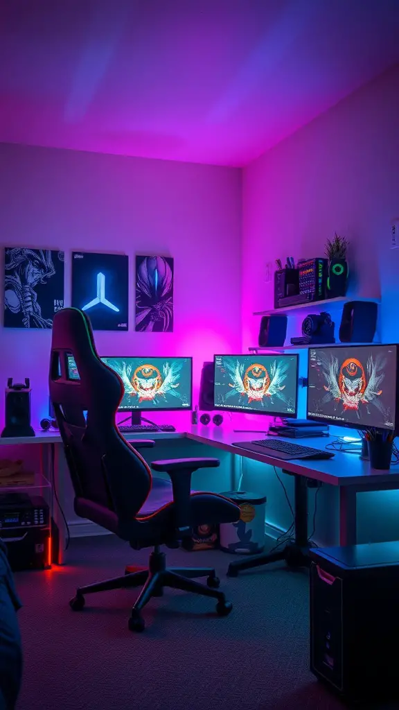 21 Creative Boys Dorm Room Ideas to Elevate Your Space 10 A gaming zone featuring RGB lighting with multiple monitors and a gaming chair.