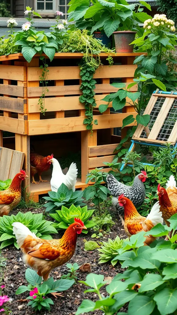 21 Creative Pallet Chicken Coop Ideas You’ll Love 14 Chickens roaming around a garden-integrated pallet chicken coop surrounded by lush plants.