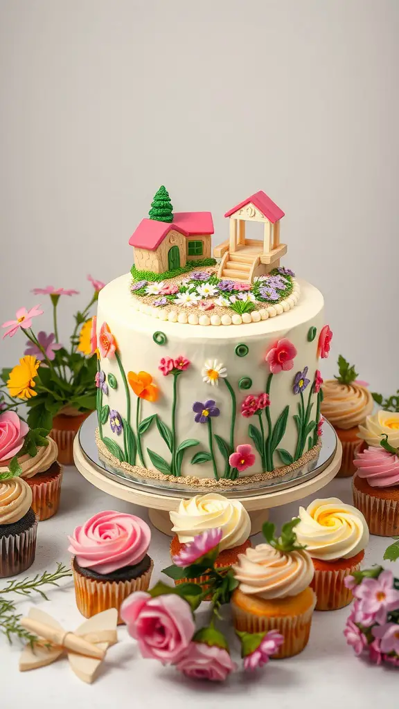 23 Adorable Garden Baby Shower Ideas You Need to Try 10 A beautifully decorated garden-themed cake with a house and gazebo, surrounded by colorful cupcakes and flowers.