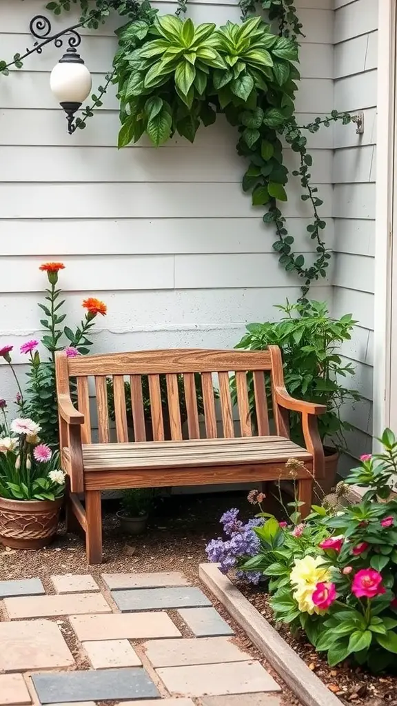 23 Creative Side Yard Landscaping Ideas You’ll Love 13 A wooden garden bench surrounded by colorful flowers and green plants against a wall.