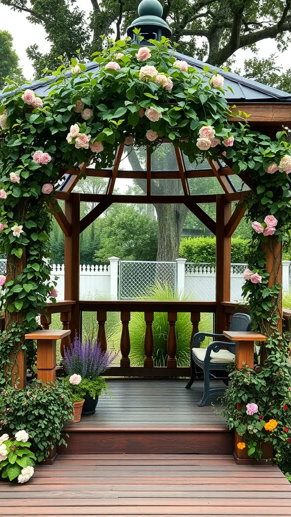 17 Stunning Gazebo Deck Ideas for Your Outdoor Oasis 10 A wooden gazebo decorated with climbing roses and surrounded by plants