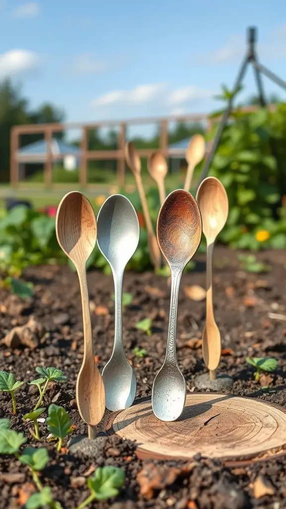 15 Creative Garden Craft Ideas to Brighten Your Outdoor Space 2 Garden markers made from old wooden and metal spoons placed in soil.