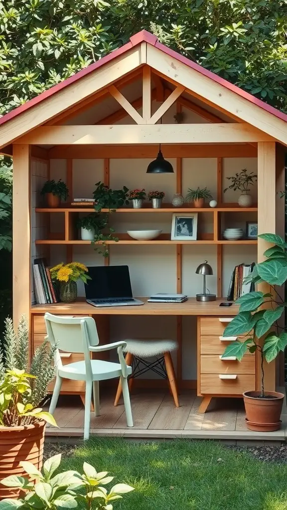 29 Gorgeous Garden Summer House Ideas to Enhance Your Outdoor Space 5 A cozy garden office with wooden structure, desk, laptop, and plants.