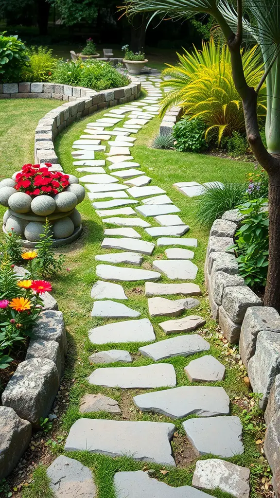 25 Garden Inspiration Ideas to Transform Your Outdoor Space 7 A winding garden pathway made of natural stones, surrounded by colorful flowers and lush greenery.