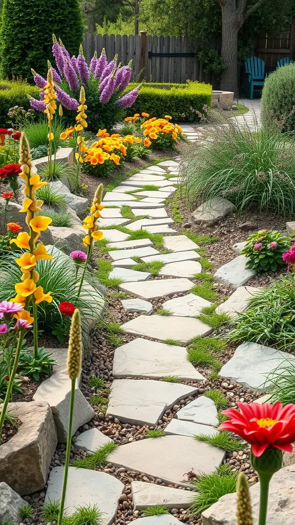 23 Inspiring Backyard Layout Ideas for Your Outdoor Oasis 2 A winding garden pathway made of natural stone, bordered by colorful flowers and greenery.