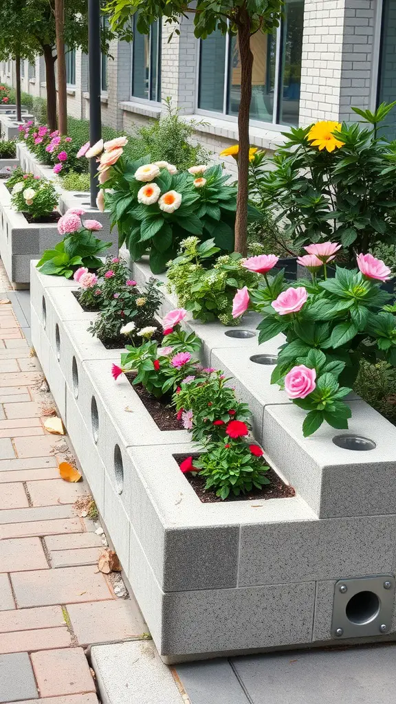 17 Creative Cinder Block Bench Ideas for Your Outdoor Space 4 Cinder block bench with colorful flowers planted around it.
