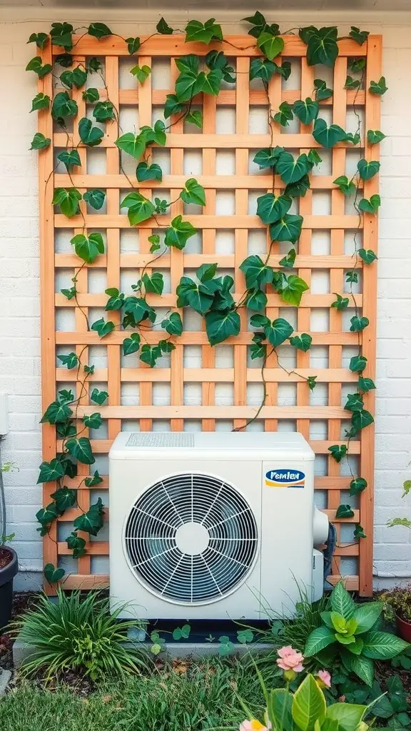 15 Creative Outdoor Ideas for AC Unit Covers 9 Wooden garden trellis with green vines covering an outdoor AC unit