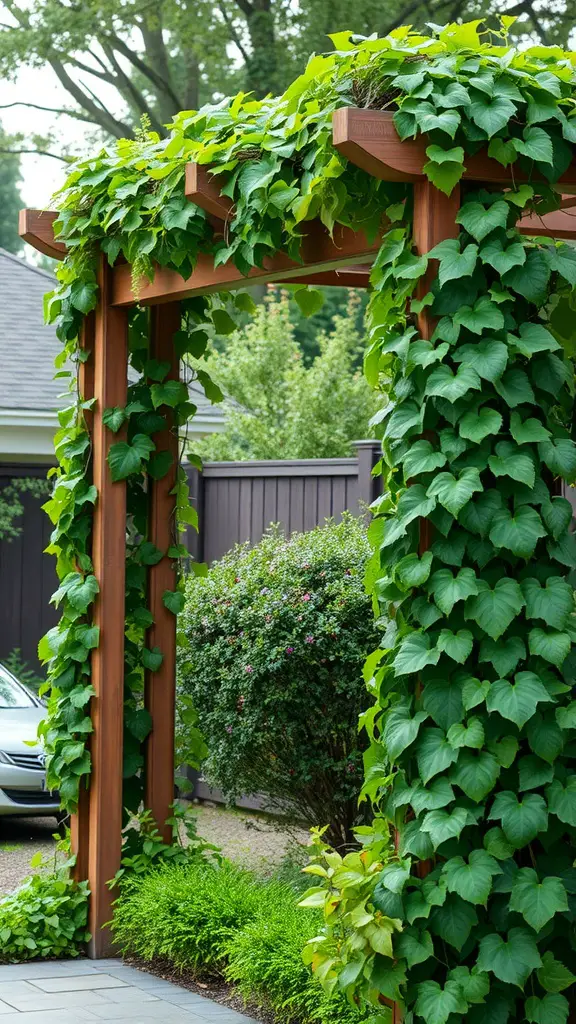 21 Creative Backyard Privacy Ideas to Keep Neighbors at Bay 10 A wooden trellis covered in climbing green plants, creating a natural privacy screen in a garden.