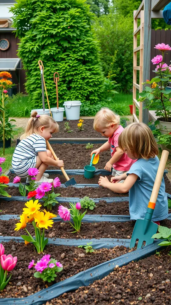 15 Fun Outdoor Activities for Kids to Enjoy 15 Children gardening together in a colorful flower bed