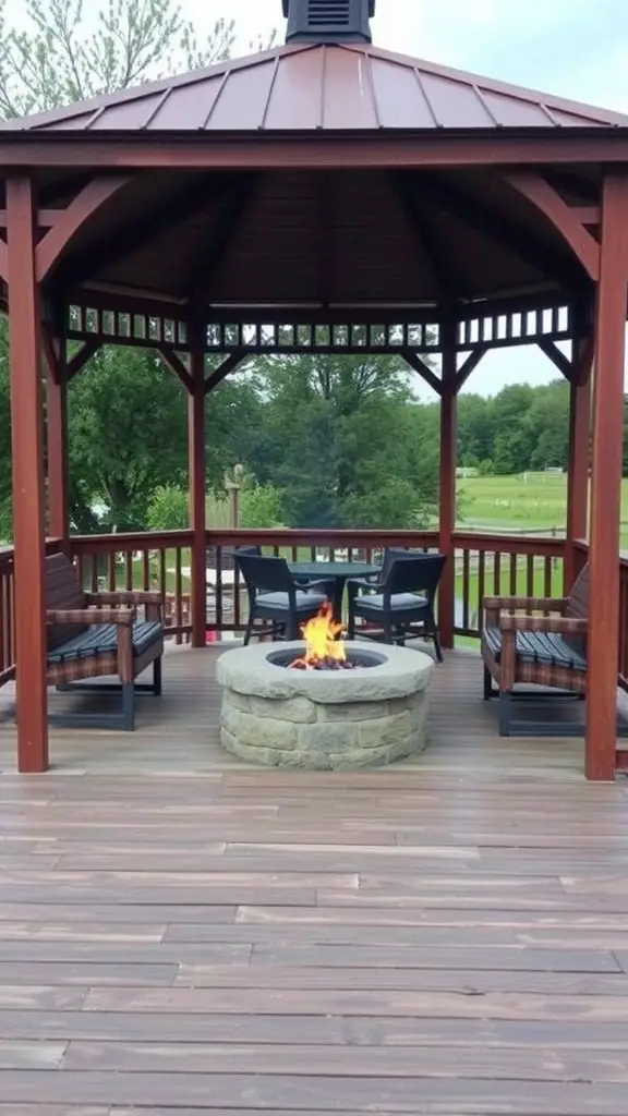 17 Stunning Gazebo Deck Ideas for Your Outdoor Oasis 2 A gazebo with a fire pit in the center, surrounded by seating on a wooden deck.