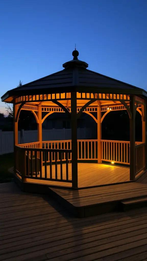 17 Stunning Gazebo Deck Ideas for Your Outdoor Oasis 4 A wooden gazebo illuminated at dusk, showcasing a warm and inviting atmosphere.