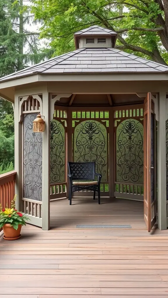 17 Stunning Gazebo Deck Ideas for Your Outdoor Oasis 14 A gazebo with intricate privacy screens on a deck, featuring a chair and potted plants.