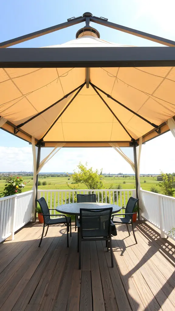 17 Stunning Gazebo Deck Ideas for Your Outdoor Oasis 6 Gazebo with a retractable canopy on a deck overlooking a green landscape