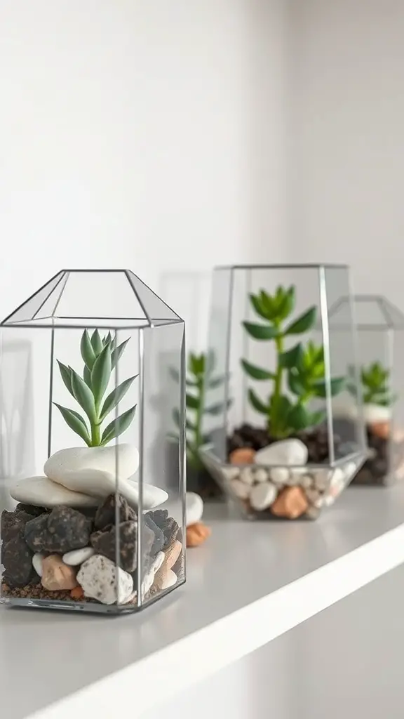 15 Stunning Indoor Flower Pot Ideas for Your Home 8 Three geometric glass terrariums with succulents and decorative stones