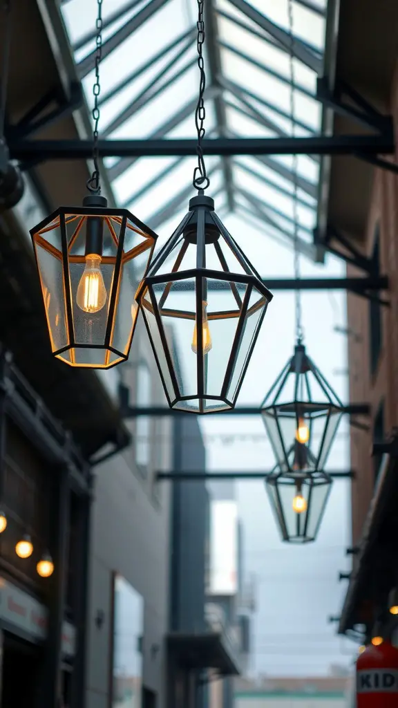 15 Stunning Ceiling Light Ideas to Brighten Your Home 12 Three geometric metal lanterns hanging from a ceiling with clear glass and light bulbs inside.