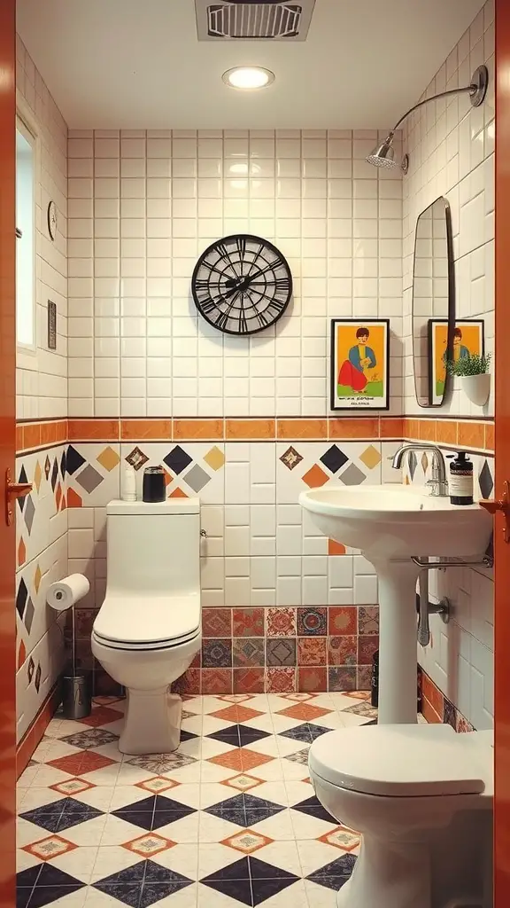 15 Fabulous 70s Bathroom Aesthetic Ideas to Inspire Your Renovation 7 A 70s style bathroom with geometric patterned floor tiles and white wall tiles.
