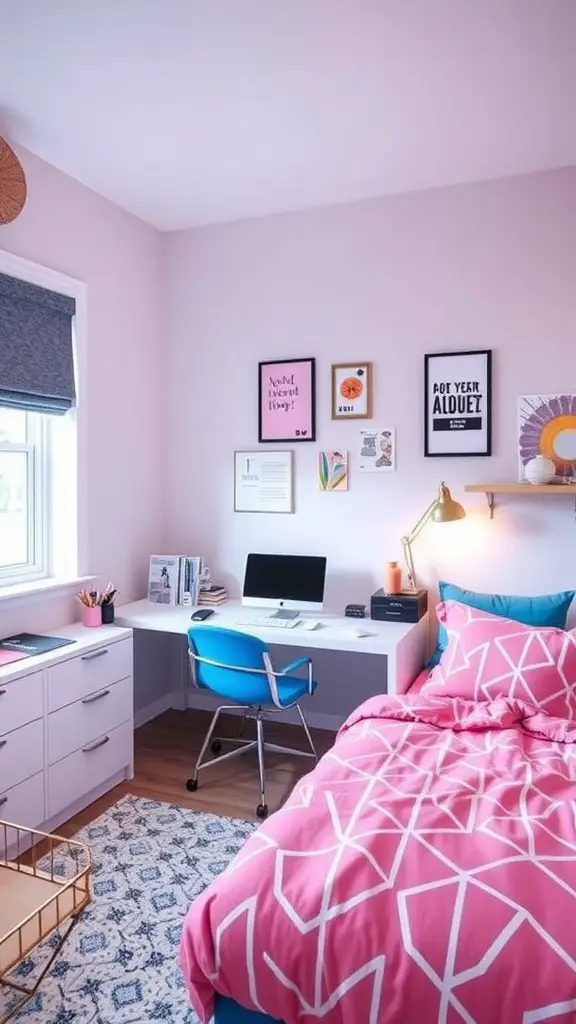 19 Stylish Pink and Blue Dorm Room Ideas to Elevate Your Space 7 A dorm room featuring pink and blue geometric patterns with a bed, desk, and art on the walls.