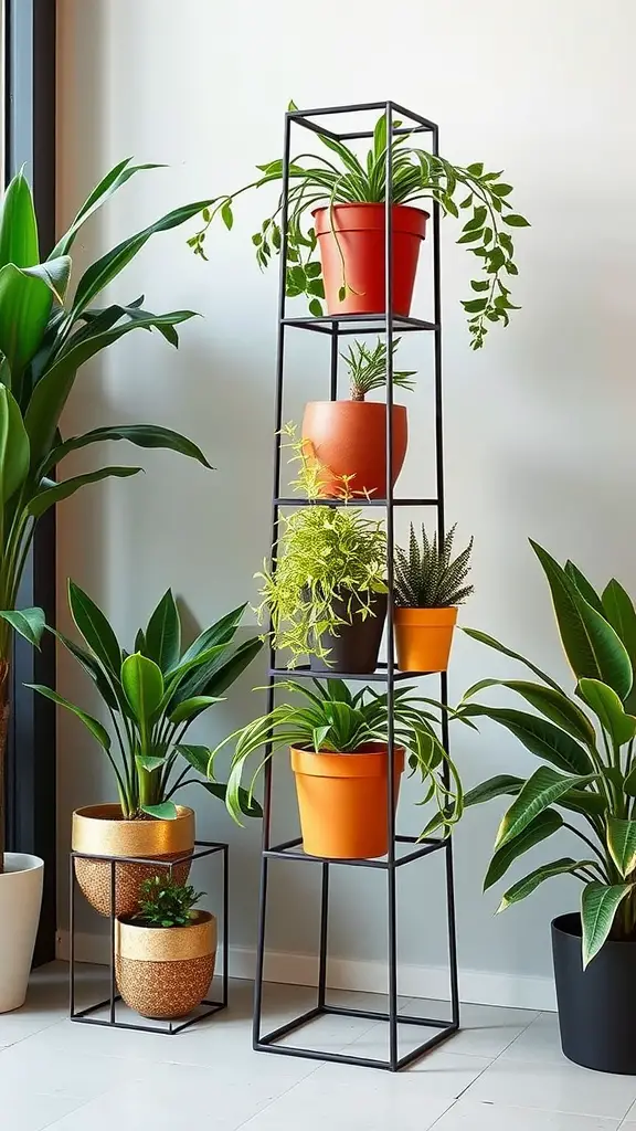 17 Creative Plant Stand Ideas to Elevate Your Greenery 5 A tall geometric plant tower with various potted plants in colorful pots, set against a bright background.