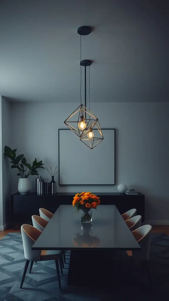 15 Stunning Dining Room Lighting Ideas to Elevate Your Table Decor 12 A modern dining room with geometric pendant lights over a long table, featuring a floral centerpiece.