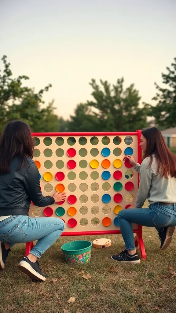 23 Fun Outdoor Party Games for Unforgettable Gatherings 16 Two women playing Giant Connect Four outdoors, focusing on placing colorful discs into the grid.