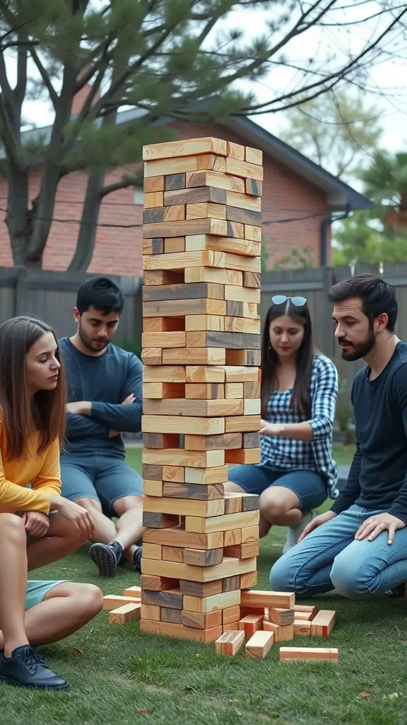 25 Enchanting Outdoor Fairy Garden Ideas to Inspire Your Creativity 22 A group of people engaged in a Giant Jenga Challenge, focusing on a tall wooden block tower.