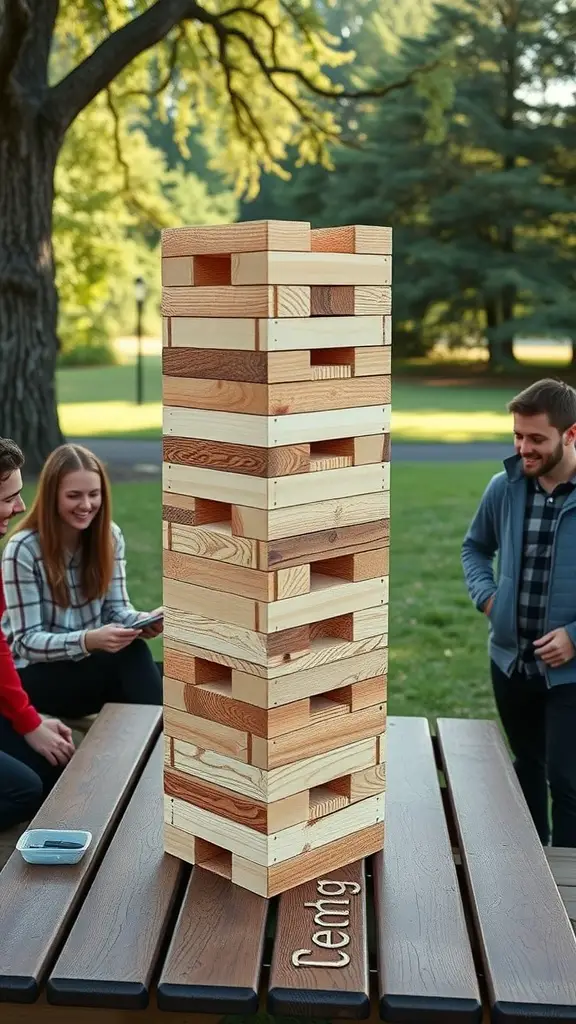 23 Fun Outdoor Party Games for Unforgettable Gatherings 7 A giant Jenga tower stands on a table with players looking on in a park setting.
