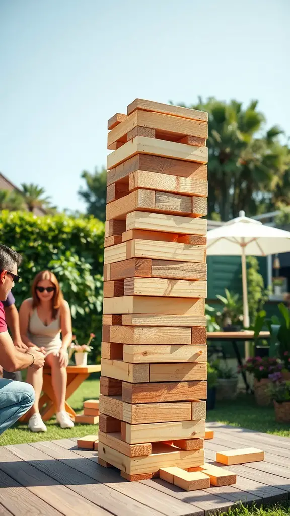 25 Exciting Outdoor Games for Fun-filled Adventures 6 A game of Giant Jenga being played outdoors with friends.