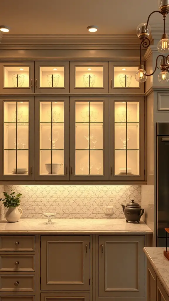 17 Innovative Under Cabinet Lighting Ideas for Your Kitchen 10 Glass-front cabinets with warm interior lighting showcasing elegant glassware.