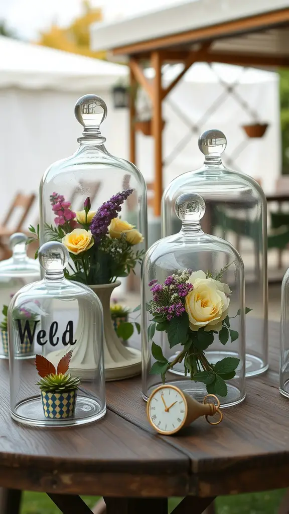 Assorted glass cloches with flowers and decorative items on a wooden table