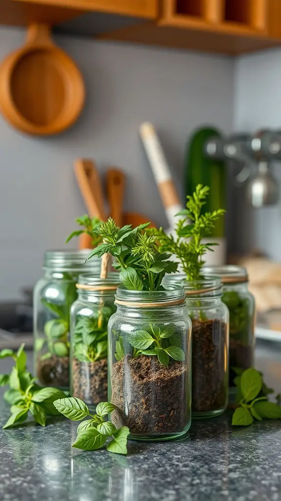 15 Creative Indoor Herb Planter Ideas for Your Home 4 A collection of glass jar herb planters filled with various herbs on a kitchen counter.