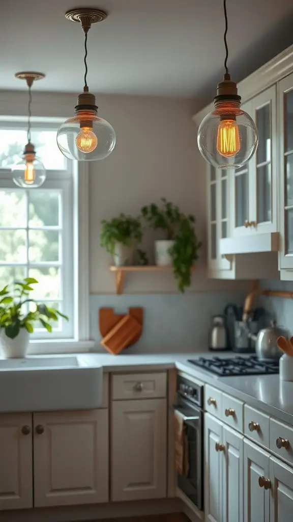 19 Stylish Kitchen Lighting Fixture Ideas You’ll Love 14 Three pendant lights with clear glass shades hanging over a kitchen sink and countertop.
