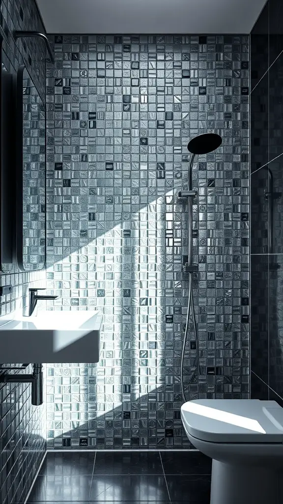 25 Stunning Bathroom Tile Combination Ideas to Transform Your Space 17 A modern bathroom featuring glass tiles in shades of gray, showcasing a sleek design with a shower, sink, and toilet.