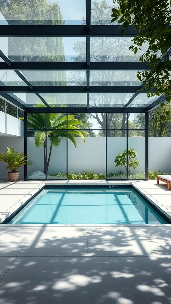 21 Creative Pool Equipment Enclosure Ideas for Your Backyard 14 Interior view of a modern pool with glass wall enclosures, surrounded by greenery.