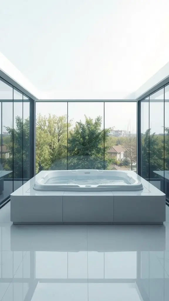 19 Creative Hot Tub Privacy Ideas for Ultimate Relaxation 16 A modern hot tub surrounded by large glass walls, showcasing a bright and open space with greenery outside.