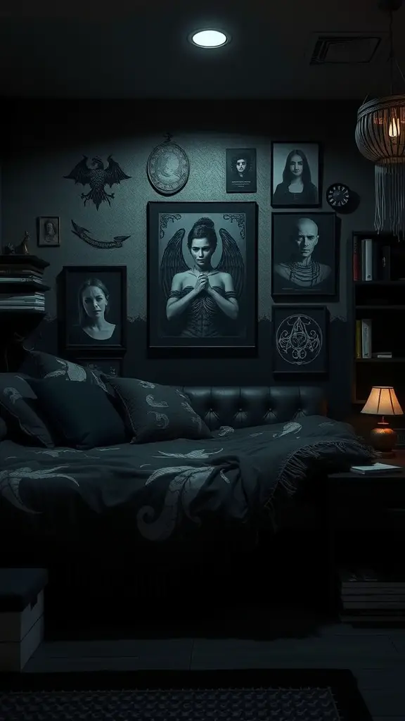 25 Dark Dorm Room Aesthetic Ideas for a Cozy and Chic Vibe 5 A darkly styled dorm room with Gothic wall art featuring portraits and intricate designs.