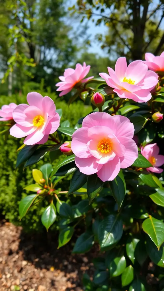 23 Stunning Evergreen Shrubs to Enhance Your Garden 11 Pink Camellia flowers blooming among lush green leaves
