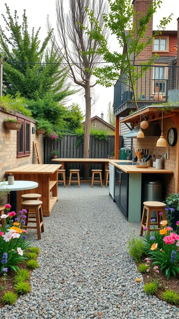 25 Stunning Outdoor Kitchen Flooring Ideas You’ll Love 14 A gravel path leading to a rustic outdoor kitchen with wooden furniture and colorful flowers.