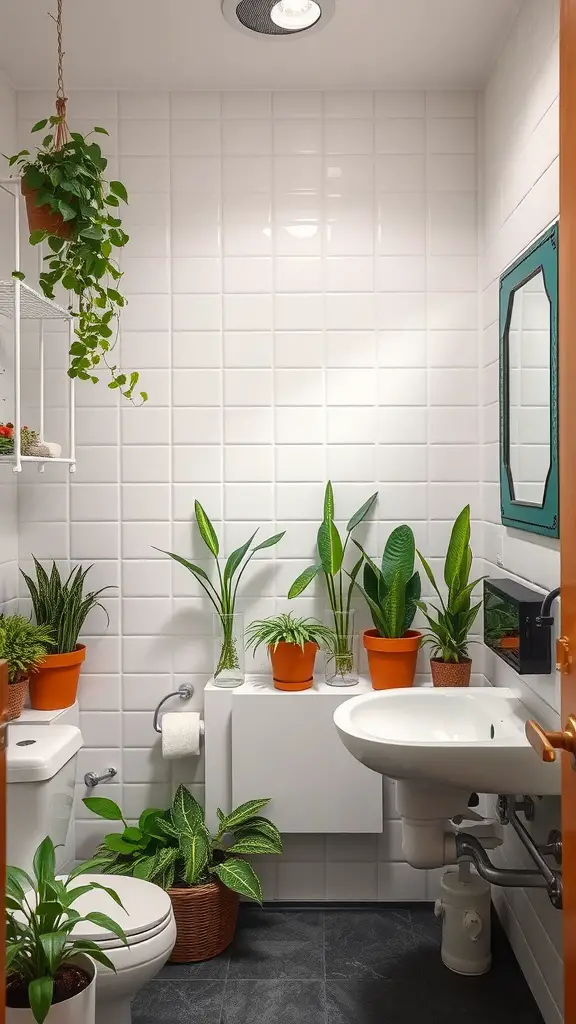 23 Creative College Bathroom Decor Ideas for a Stylish Space 17 Bathroom with various plants in pots, creating a vibrant atmosphere