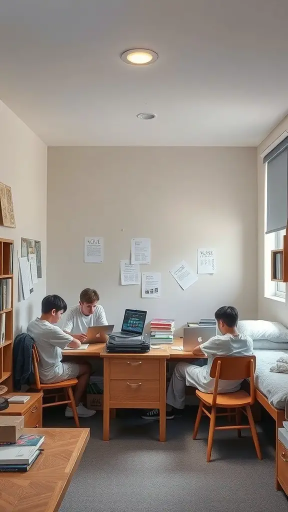 21 Creative Boys Dorm Room Ideas to Elevate Your Space 12 Boys studying together at a table in a dorm room