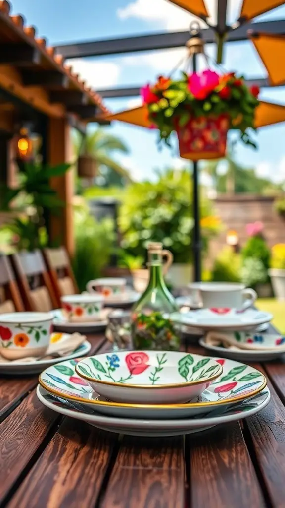 Colorful hand-painted dinnerware set on a wooden table with flowers and greenery in the background