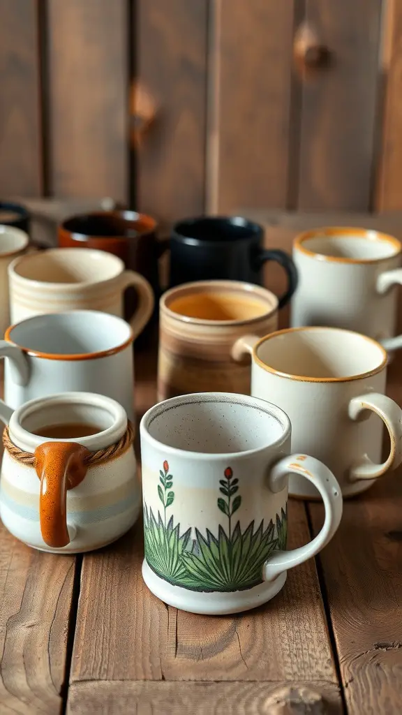 25 Functional Pottery Ideas to Enhance Your Home Decor 10 A collection of handcrafted coffee mugs with unique handles displayed on a wooden surface