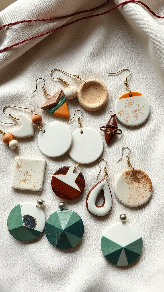 27 Creative DIY Ceramic Projects to Inspire Your Next Craft Adventure 9 A collection of handmade ceramic earrings in various shapes and colors displayed on a soft fabric.