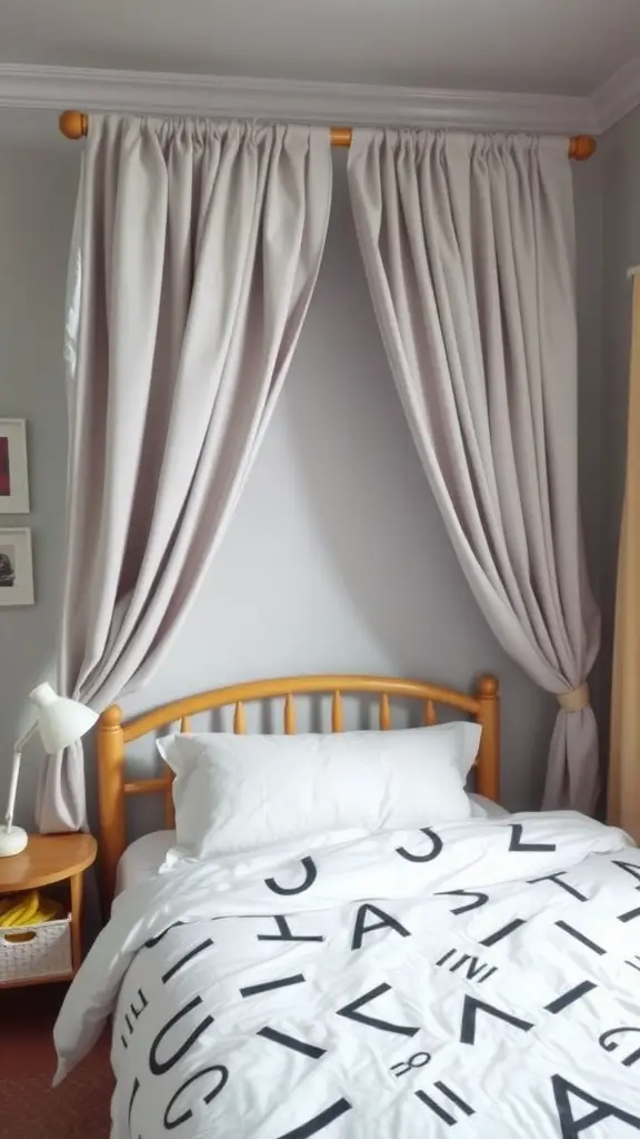 17 Creative Dorm Headboard Ideas to Transform Your Space 16 A dorm room with a bed and hanging curtains as a headboard